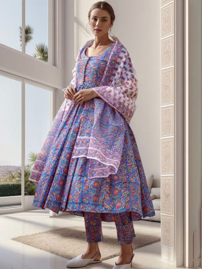 Dhiyona KL Round Neck Floral Printed Pleated Anarkali Kurta with Trouser & Dupatta