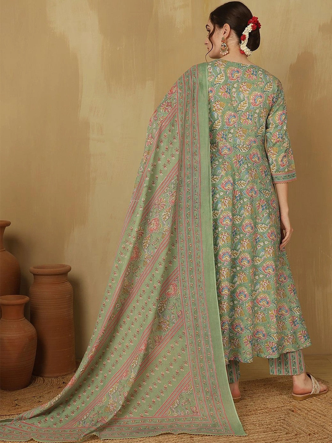 Women Floral Printed Angrakha Pure Cotton Kurta with Trousers & With Dupatta