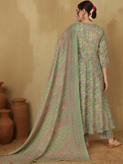 Women Floral Printed Angrakha Pure Cotton Kurta with Trousers & With Dupatta