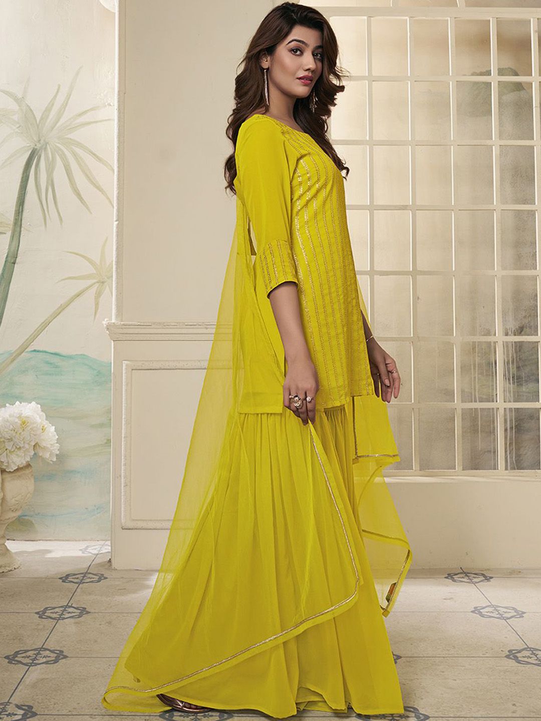 Dhiyona IN Striped Embroidered Straight Short Kurti With Sharara & Dupatta
