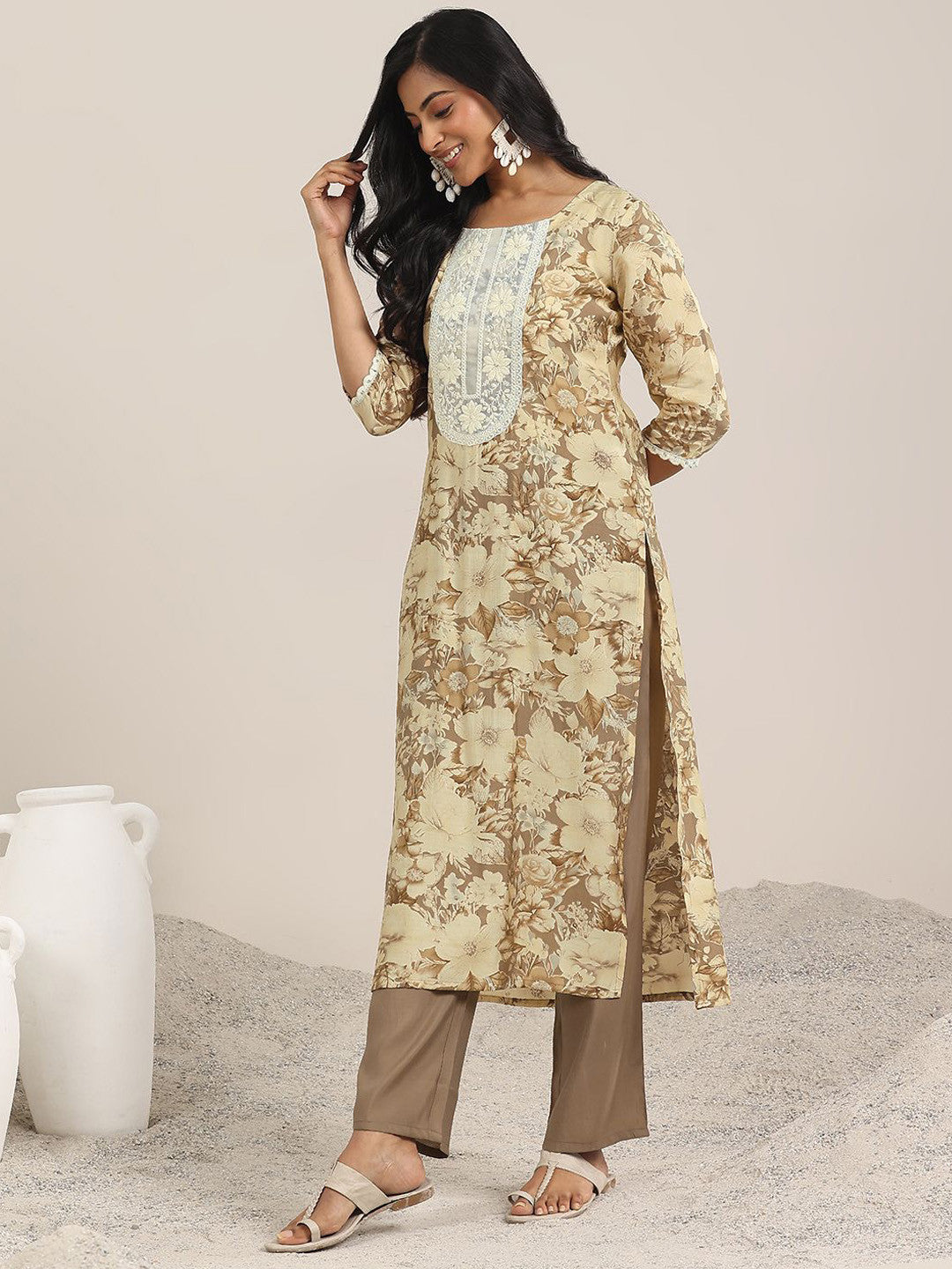 Floral Printed Patchwork Straight Kurta With Trouser And Dupatta