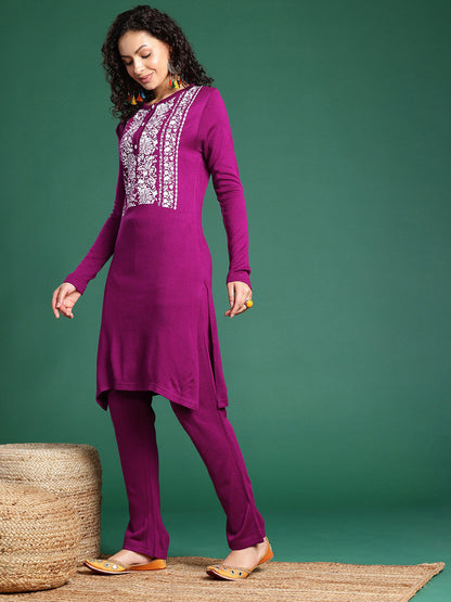 Floral Printed Band Collar Kurta with Trousers