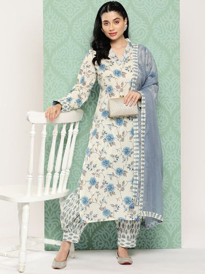 Dhiyona KL Floral Printed Regular Kantha Work Pure Cotton Kurta with Patiala & Dupatta