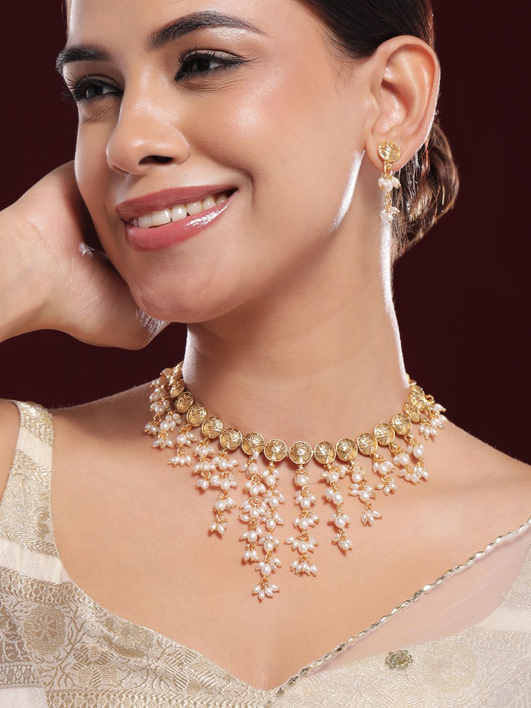 Dhiyona RJ Women's 22K Gold-Plated Coin Motif Necklace with White Beaded Pearl Dangling
