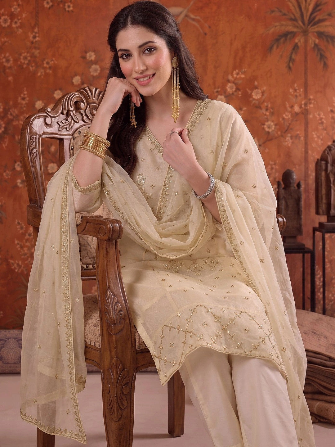 Embroidered V-Neck Kurta & Trousers With Dupatta