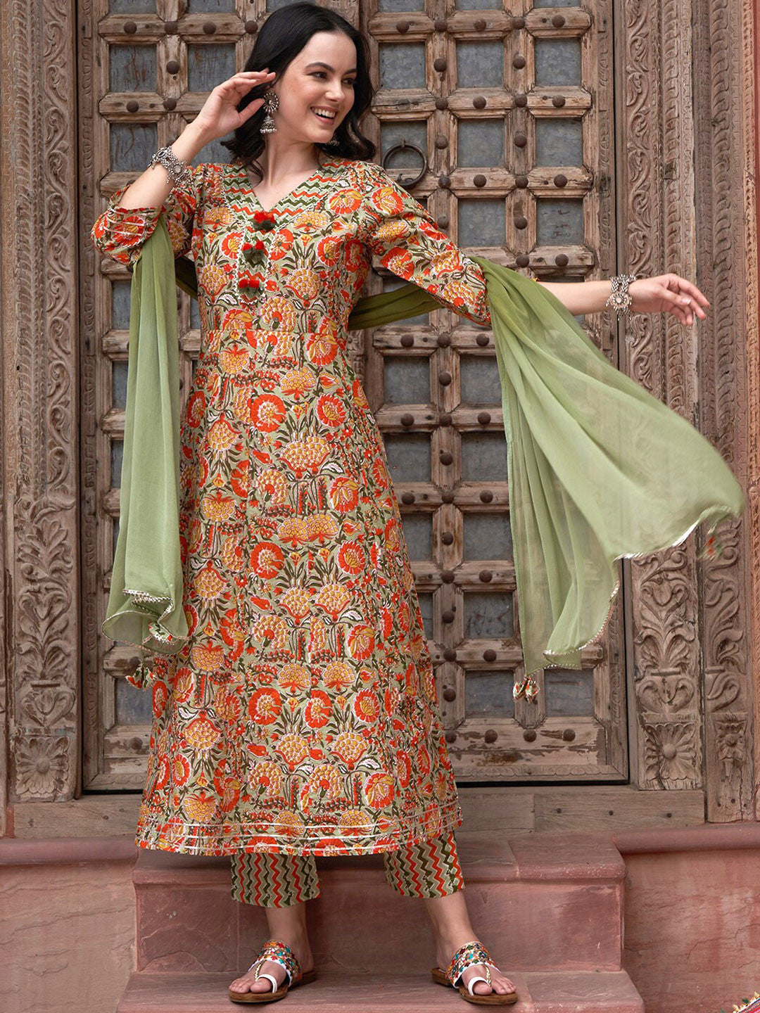 Orange Printed Gotta Patti Detail Pure Cotton A-Line Kurta With Trousers & Dupatta