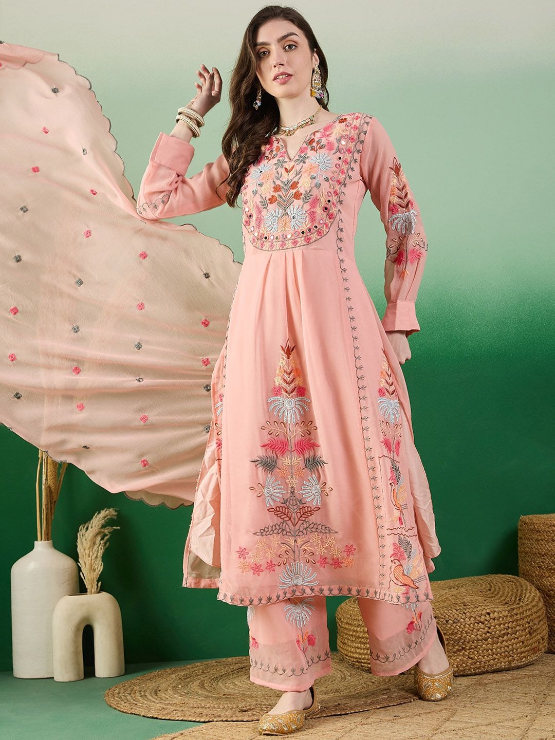 Dhiyona KL Floral Embroidered Thread Work Kurta With Palazzo & Dupatta