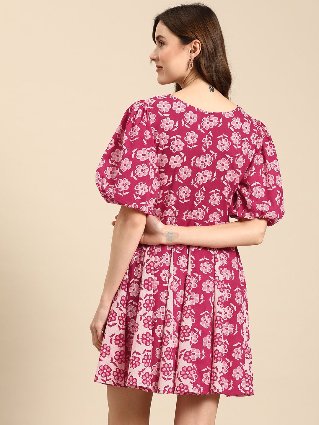 Dhiyona AY Women's Floral Print Puff Sleeves Fit & Flare Mini Dress