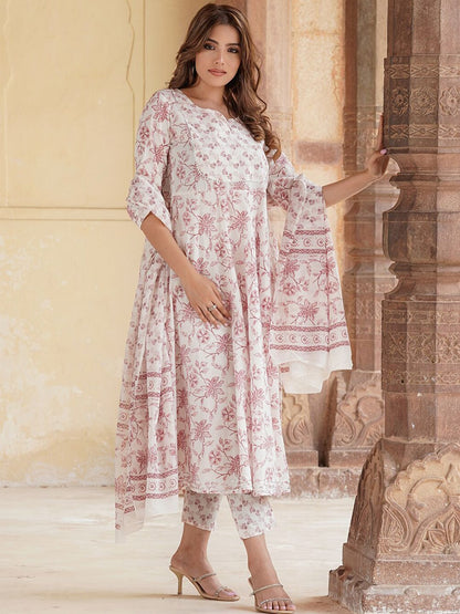 Dhiyona KL Floral Printed V-Neck Regular Gotta Patti Kurta With Trousers & Dupatta