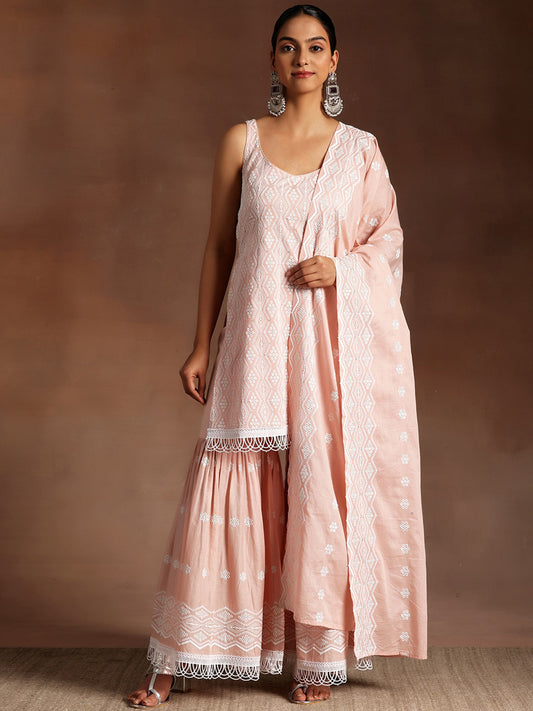 Ethnic Motifs Embroidered Sequinned Pure Cotton Kurta with Sharara & Dupatta