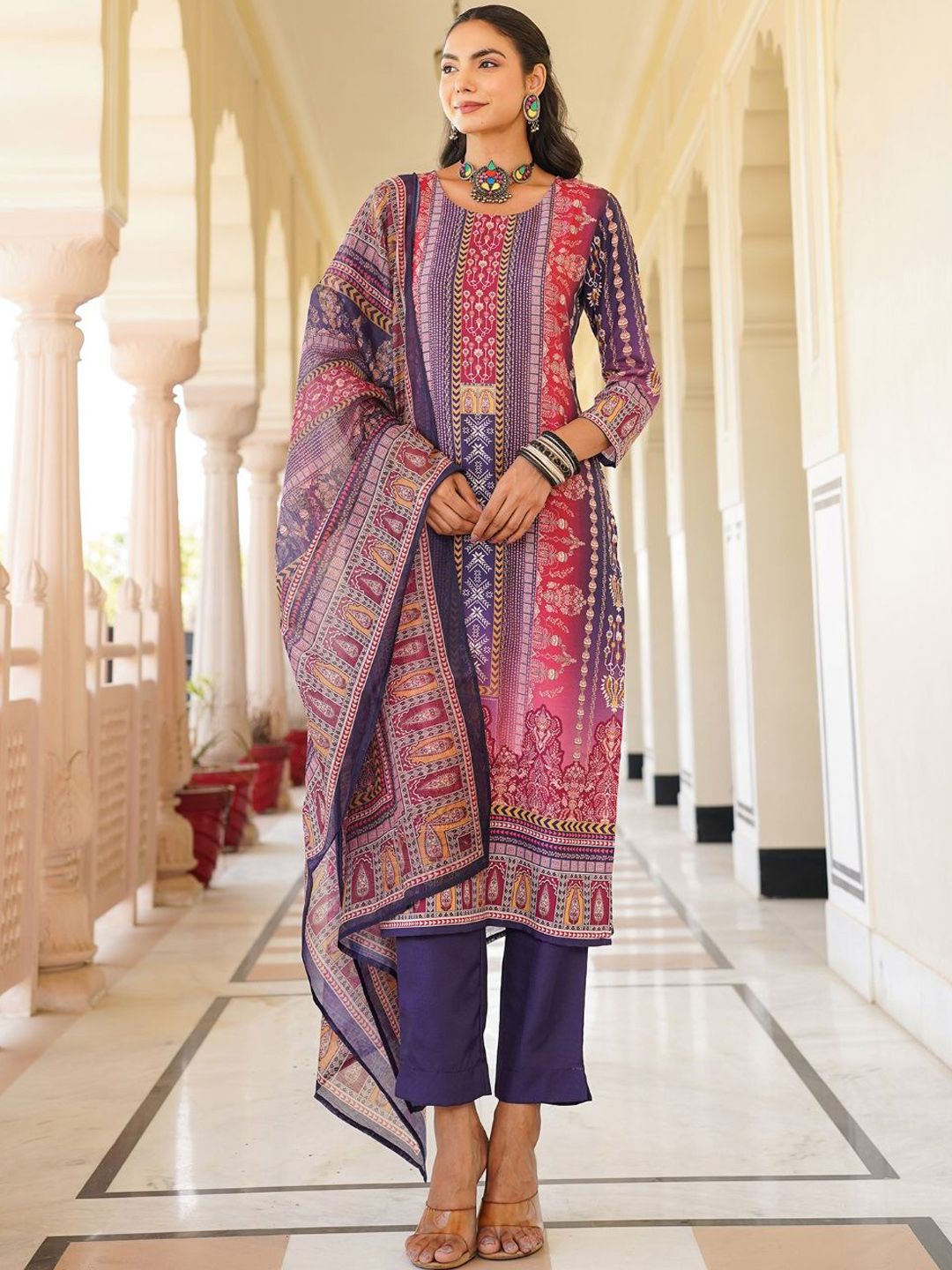 Dhiyona KL Women Ethnic Motifs Printed Regular Kurta with Trousers & With Dupatta