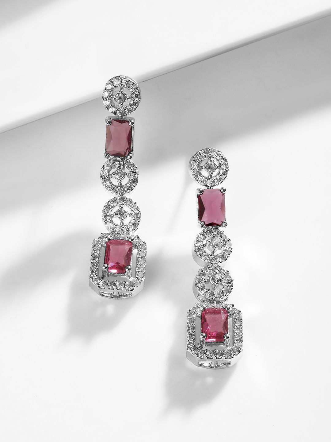 Dhiyona RJ Women's Rhodium Plated Ruby & Cubic Zicronia Studded Premium Drop Jewellery Set