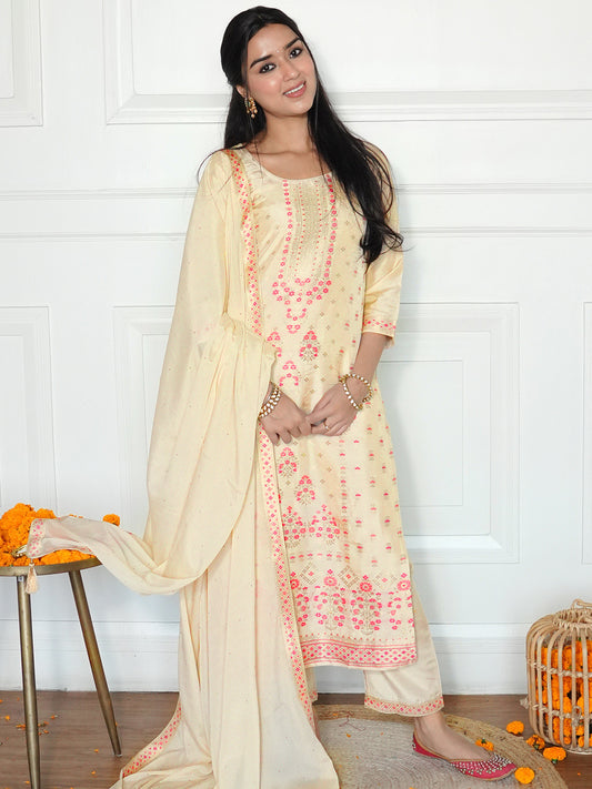 Beige Floral Woven Design Kurta with Trousers & With Dupatta