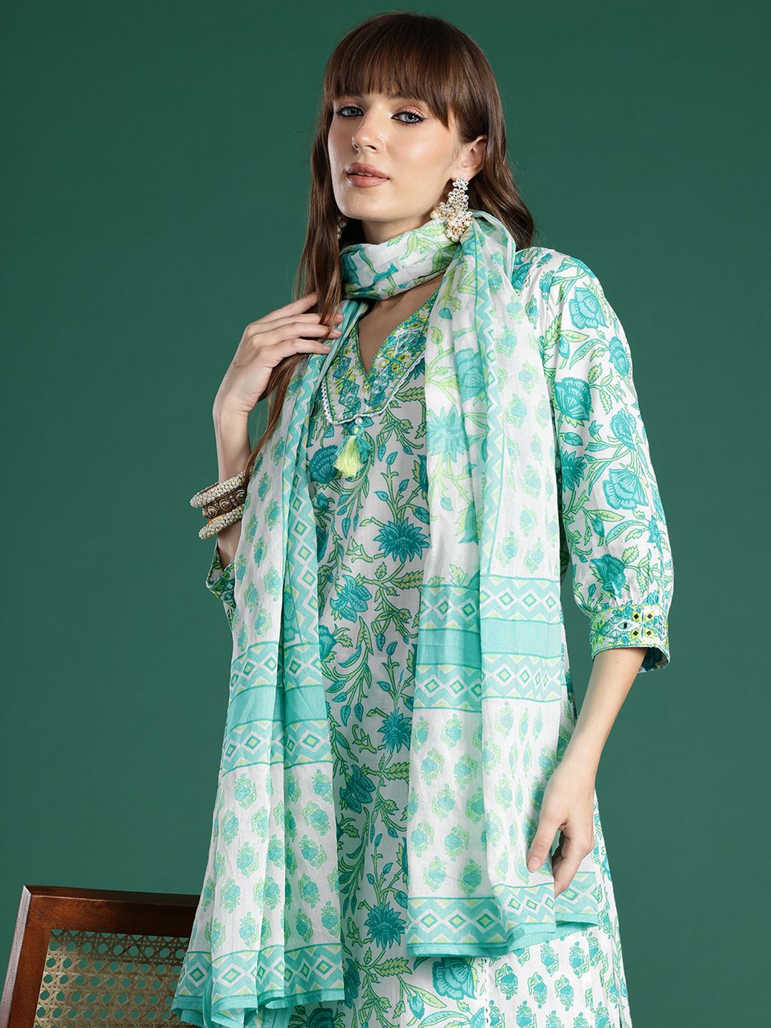 Dhiyona IE Women Floral Printed Mirror Work Pure Cotton Kurta with Trousers & Dupatta