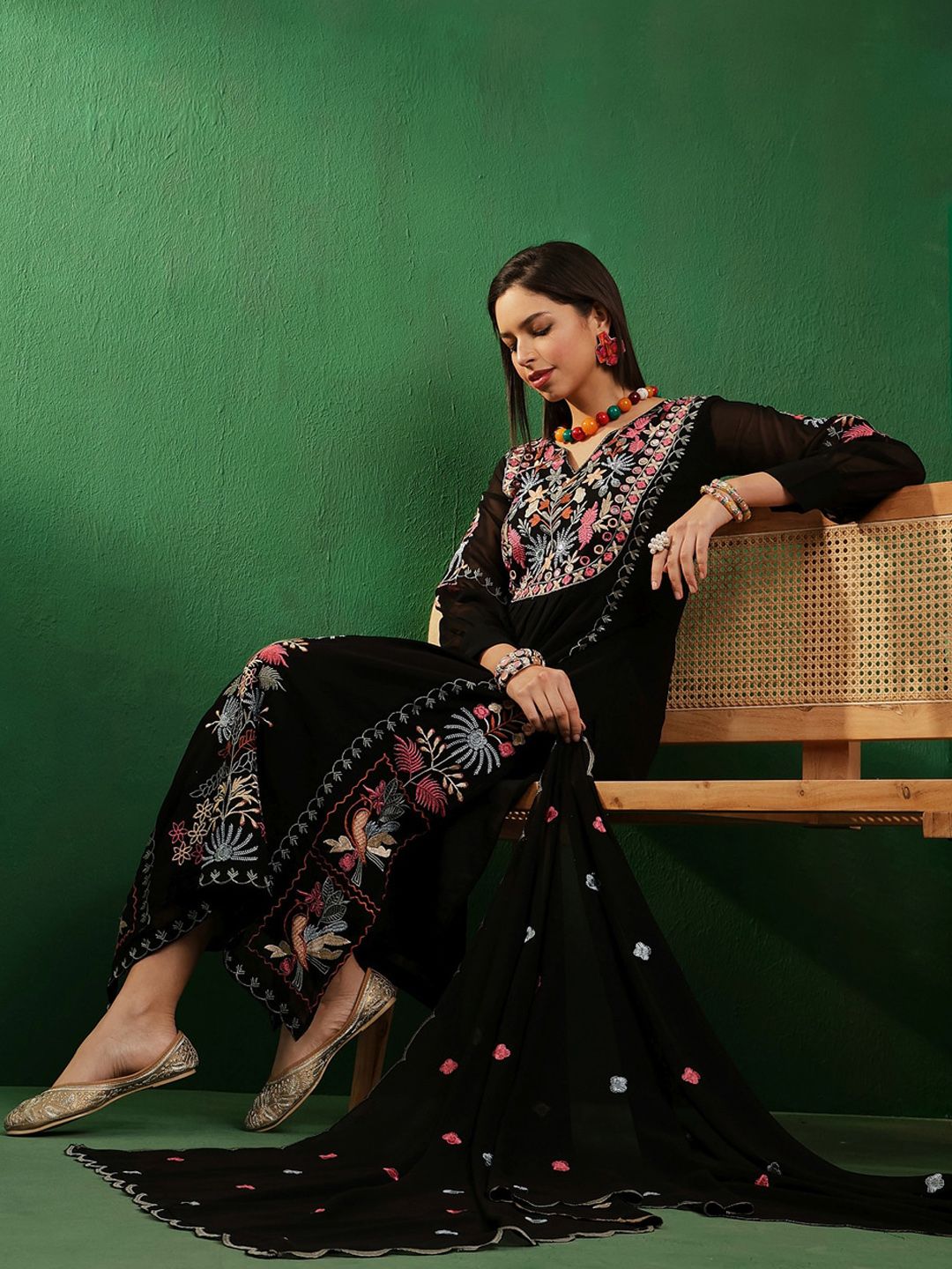 Dhiyona SN V Neck Floral Embroidered A Line Kurta with Palazzos & Dupatta