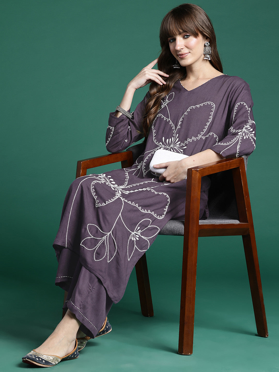 Floral Embroidered Regular Thread Work Kurta with Palazzos