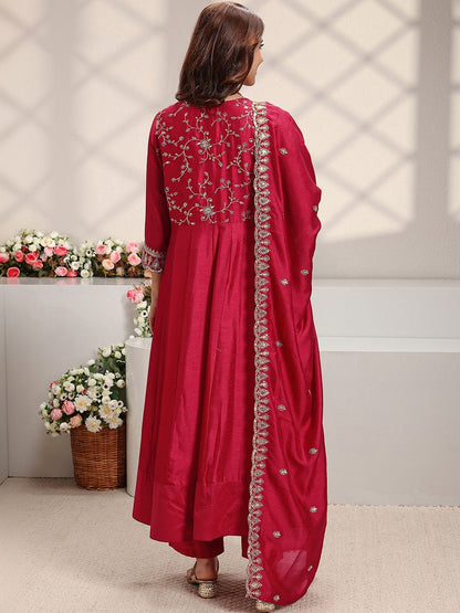 Red Floral Embroidered Anarkali Suit Set with Dupatta