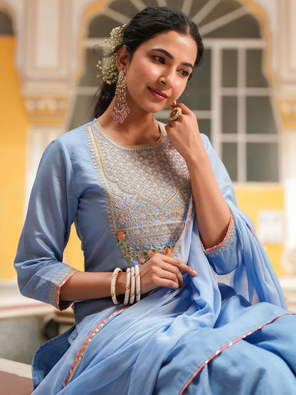 Dhiyona SC Women Blue Chanderi Silk Zari Embroidered Sharara Set