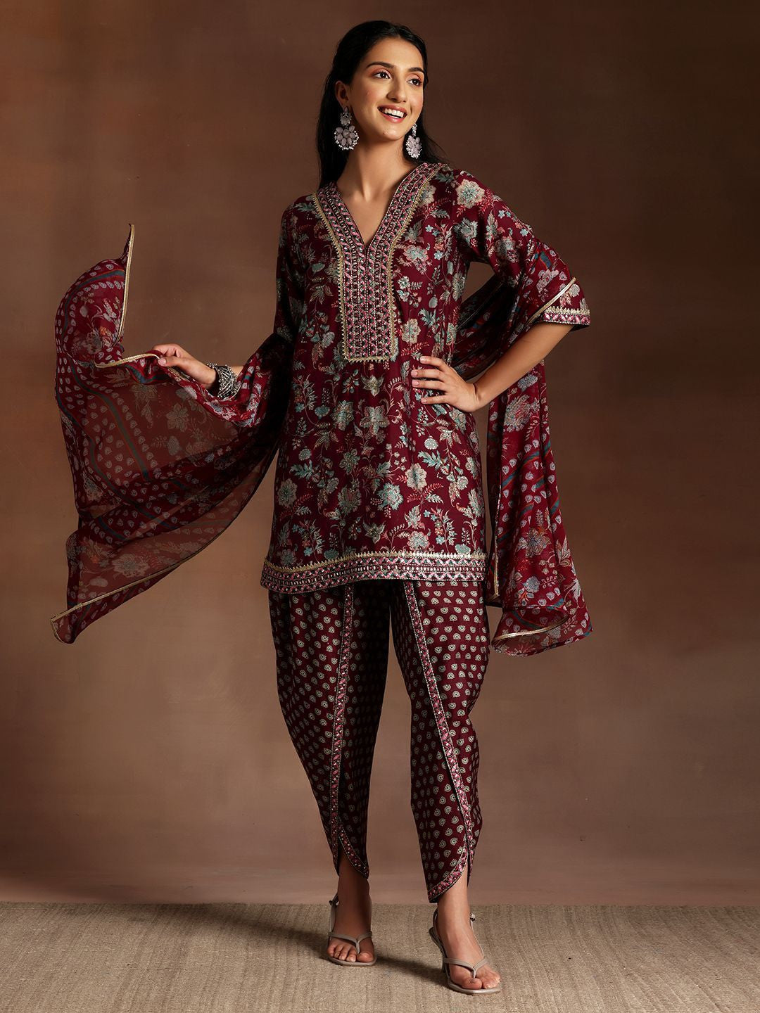 Women Floral Printed Regular Sequinned Kurta with Dhoti Pants & With Dupatta