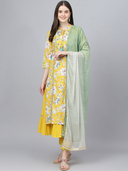 Dhiyona KL Floral Printed Layered Tie Up Neck Pure Cotton Kurta With Trousers & Dupatta