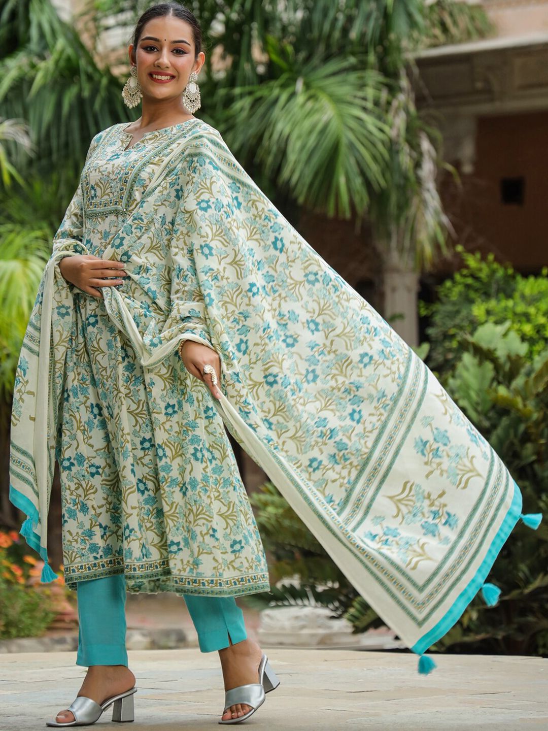 Dhiyona RR Women's Floral Printed Sequinned A-Line Pure Cotton Kurta with Trousers & Dupatta