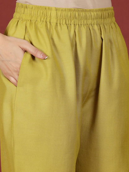 Lime Green Floral Embroidered V-Neck Thread Work Straight Kurta With Trousers