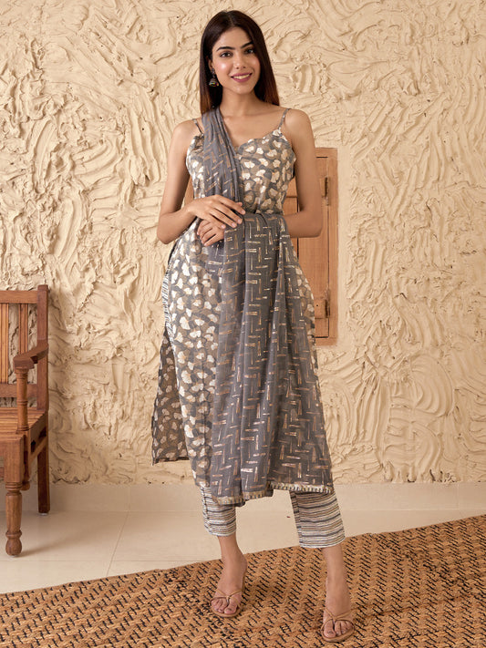 Grey Floral Printed Pure Cotton Straight Kurta With Trousers & Dupatta