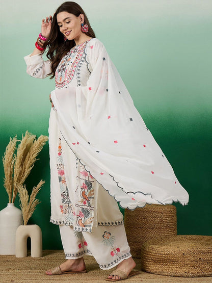 Dhiyona KL Floral Embroidered Georgette Straight Kurta With Palazzo & Dupatta