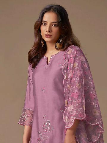 Women's Lavender Embroidered Straight Kurta Trousers With Dupatta Set