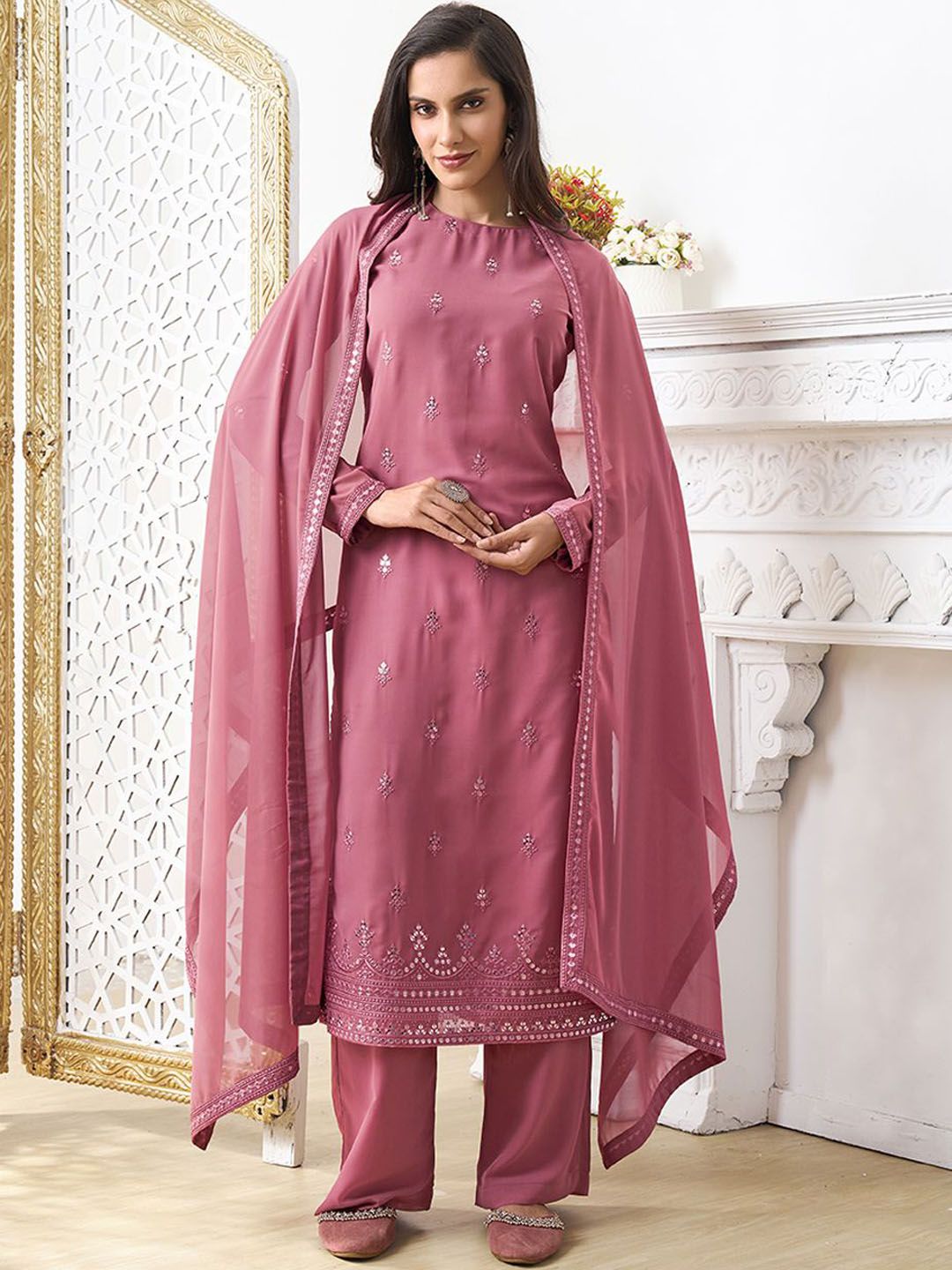 Dhiyona IN Women Ethnic Motifs Embroidered Regular Sequinned Kurta with Palazzos & With Dupatta
