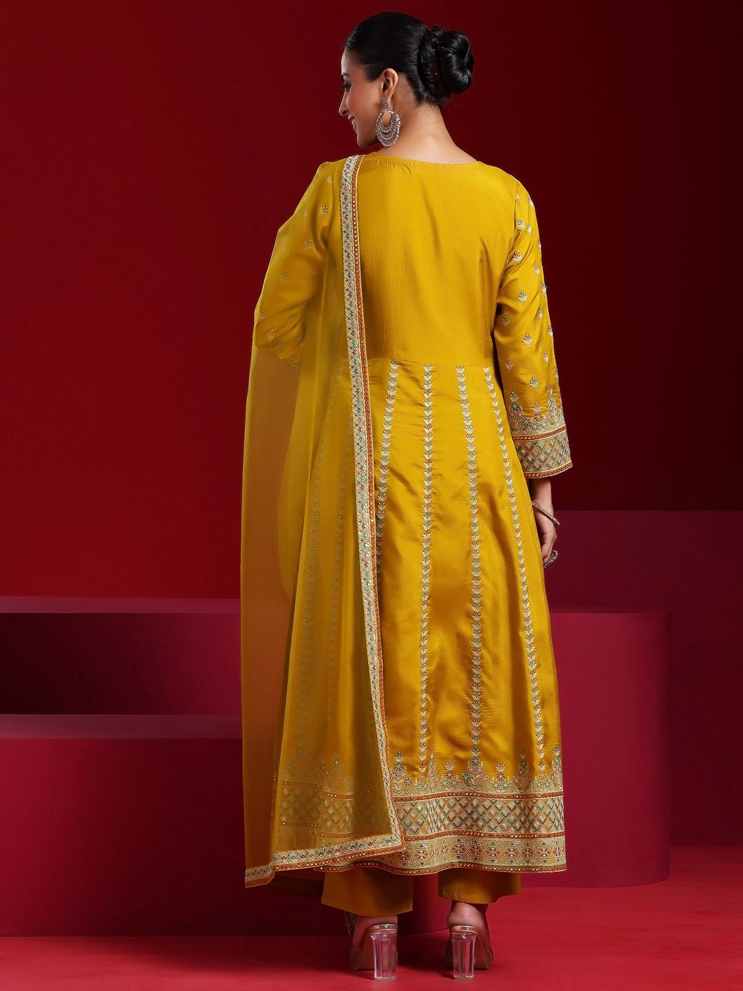 Dhiyona LL Womens Mustard Embroidered Straight Kurta With Sharara & Dupatta