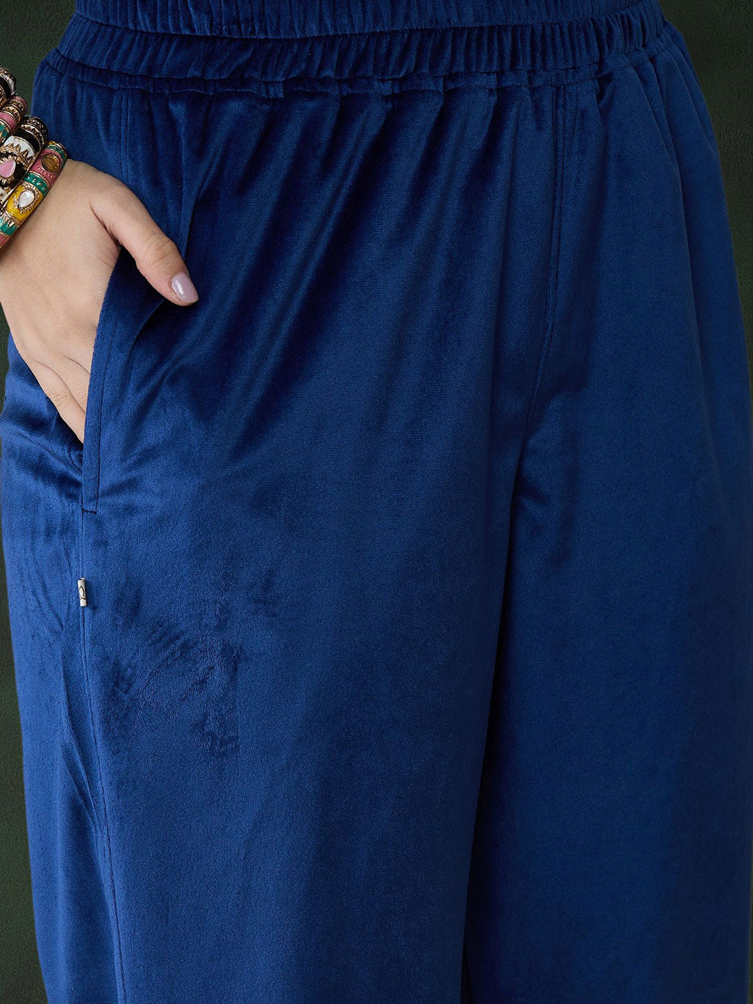 Blue Floral Embroidered Regular Sequinned Velvet Kurta & Trouser With Dupatta