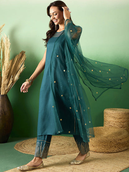 Sequence Work Straight Kurta With Trouser & Dupatta