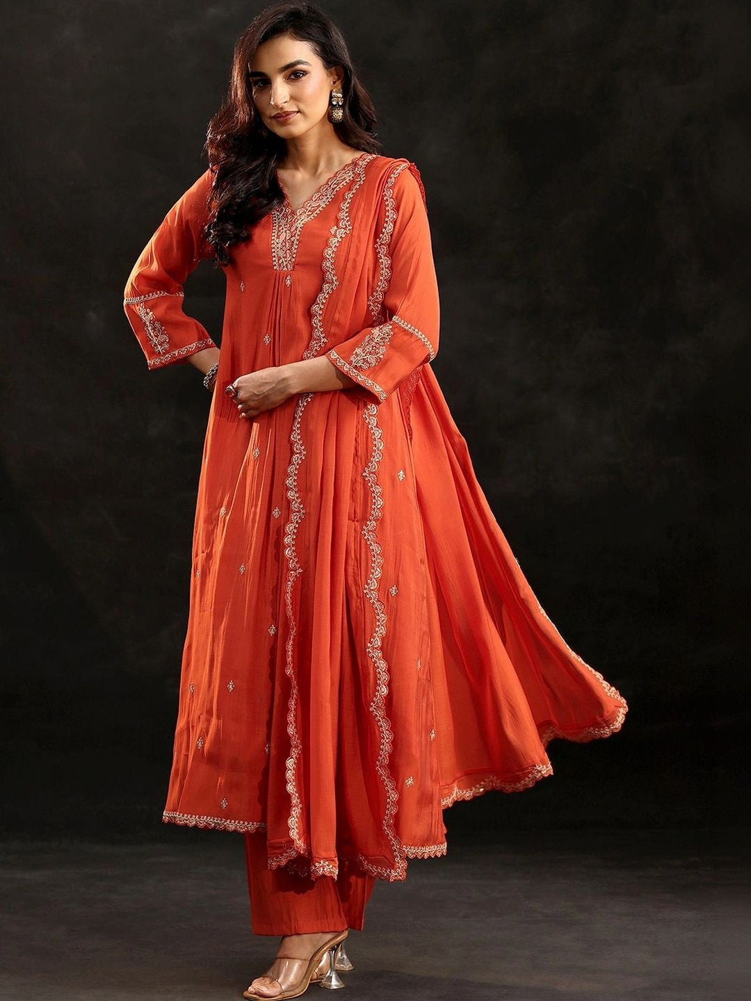 Orange Embroidered Chanderi Cotton A-Line Suit Set