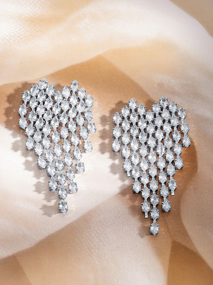 Dhiyona RJ Women's Rhodium-Plated Teardrop Crystal Zirconia Dangle Earrings with Heart Details