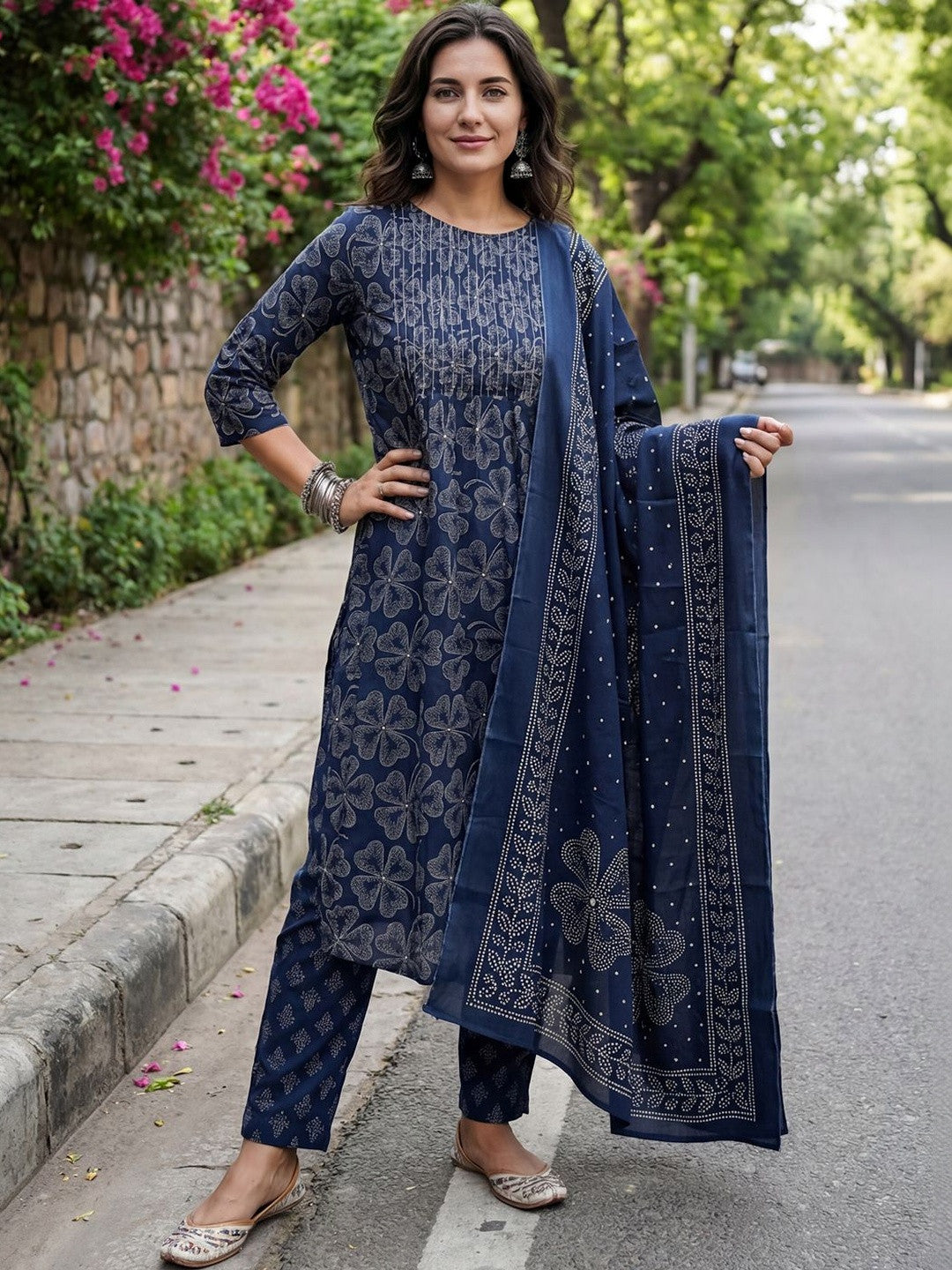 Women Ethnic Motifs Printed Regular Beads and Stones Pure Cotton Kurta with Trousers & With Dupatta