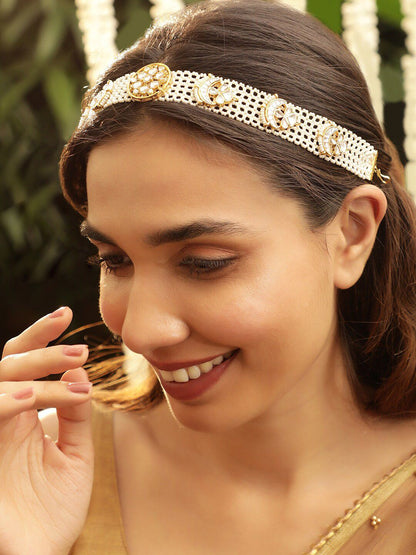 Dhiyona RJ Women's 22KT Gold Plated Kundan Studded Pearl Beaded Floral Sheeshpool