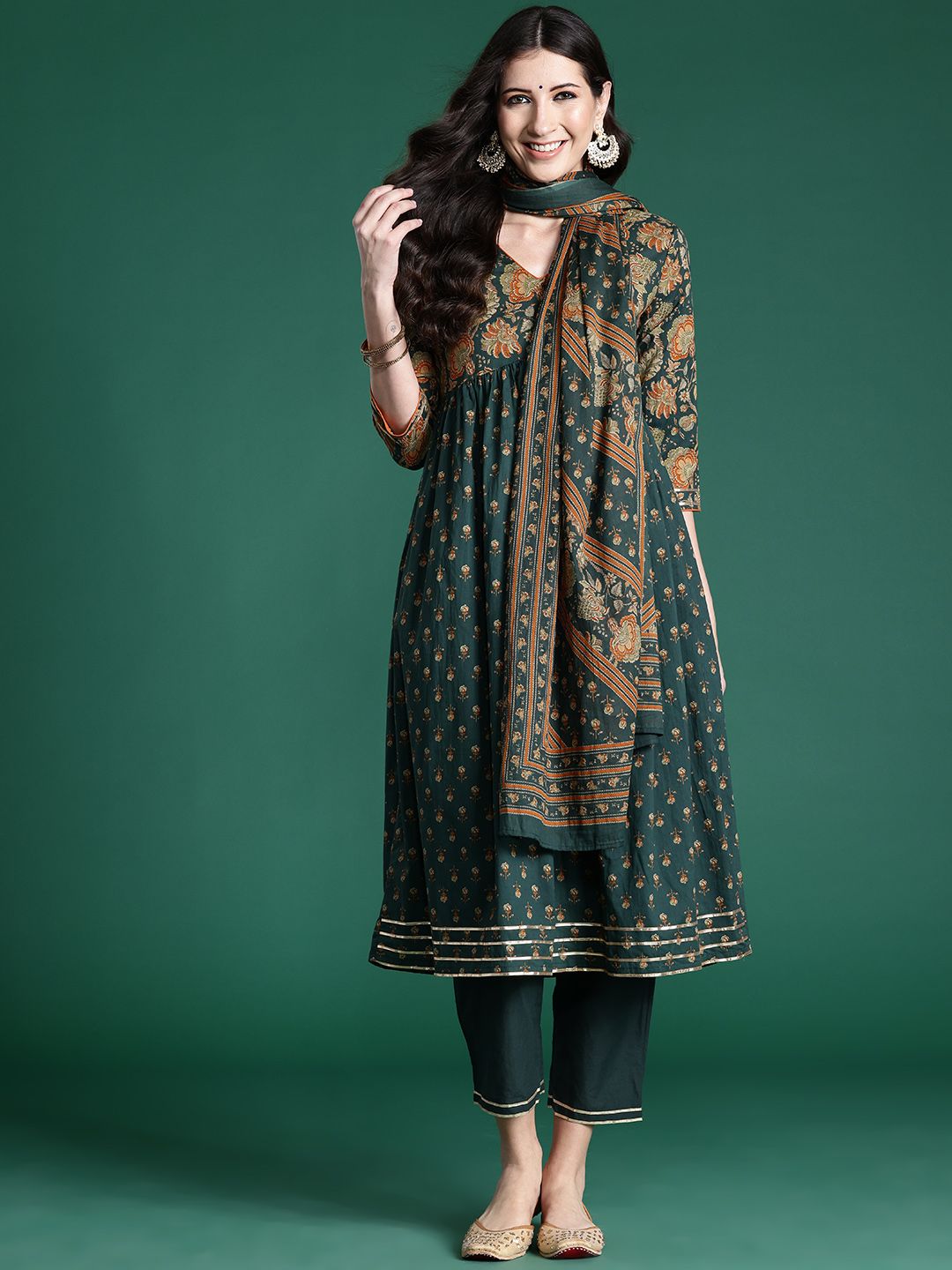 Dhiyona IE Women Ethnic Motifs Printed Empire Gotta Patti Pure Cotton Kurta with Trousers & With Dupatta