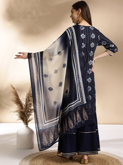 Dhiyona AN Blue Ethnic Motifs Embroidered Round Neck Straight Kurti With Sharara & Dupatta
