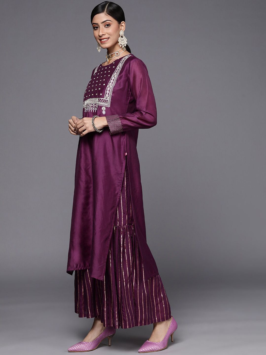 Dhiyona KL Ethnic Motifs Yoke Design Zari Chanderi Silk Kurta with Sharara & Dupatta