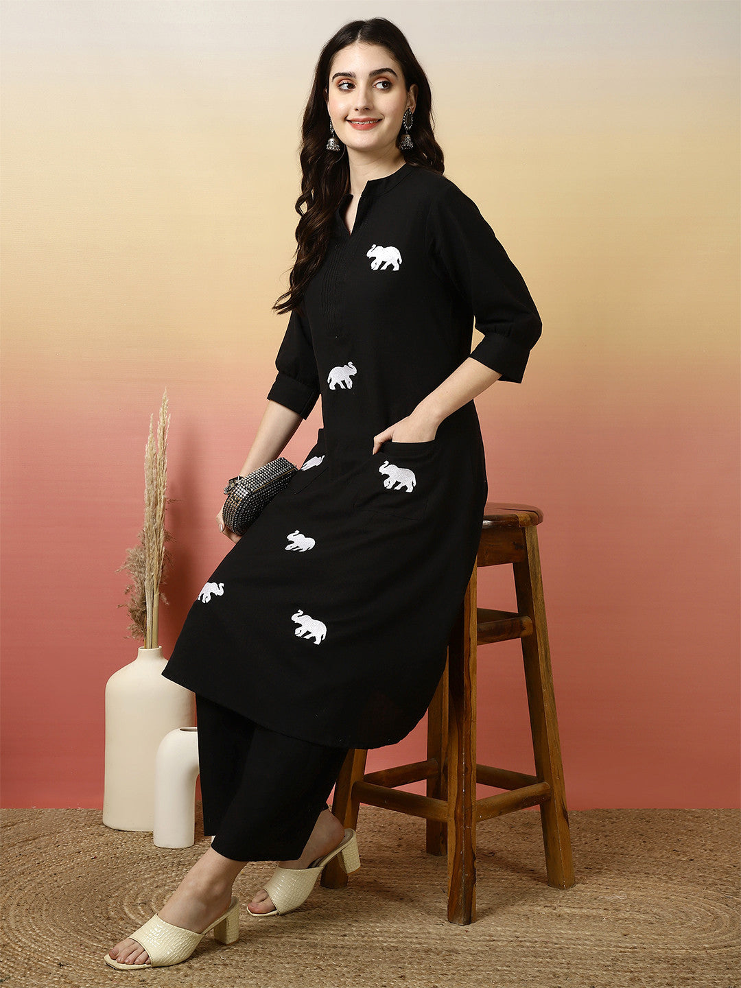 Black Ethnic Motifs Printed Notch Neck Pure Cotton Straight Kurta With Palazzo