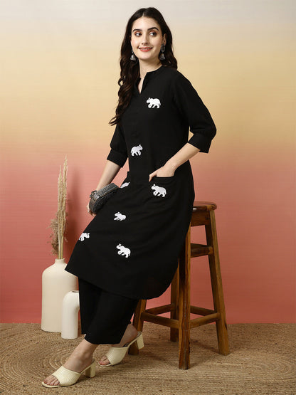 Black Ethnic Motifs Printed Notch Neck Pure Cotton Straight Kurta With Palazzo