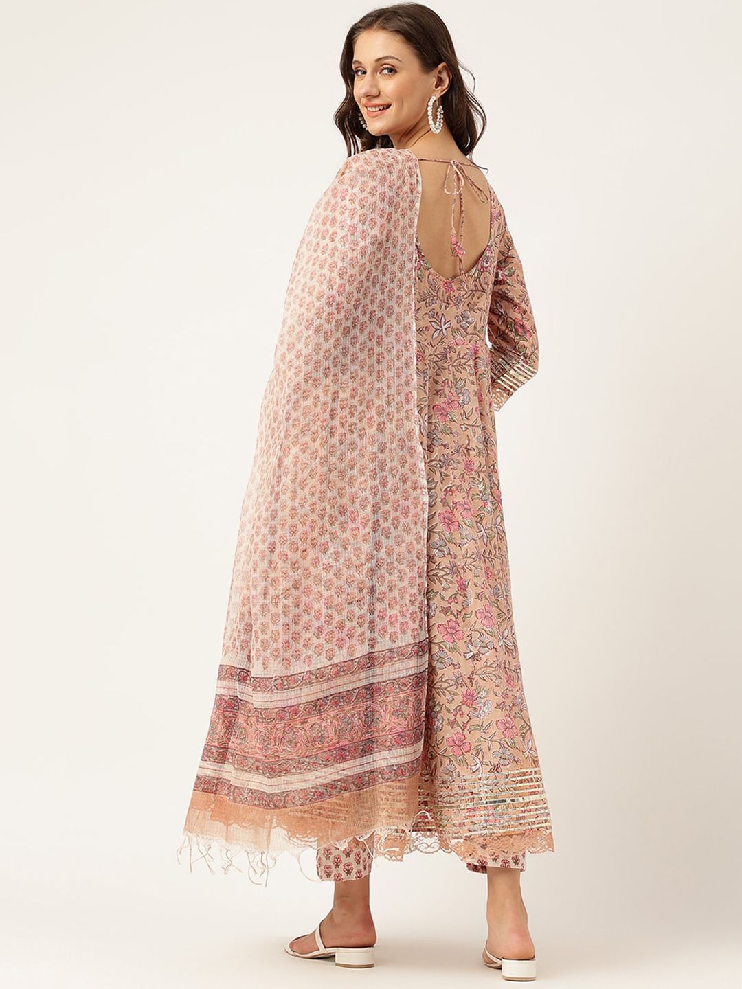 Dhiyona KL Floral Printed Gotta Patti Detail Pure Cotton Anarkali Kurta & Trouser With Dupatta
