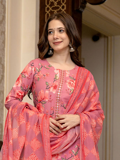 Dhiyona KL Floral Printed Mirror Work Straight Kurta With Trousers & Dupatta