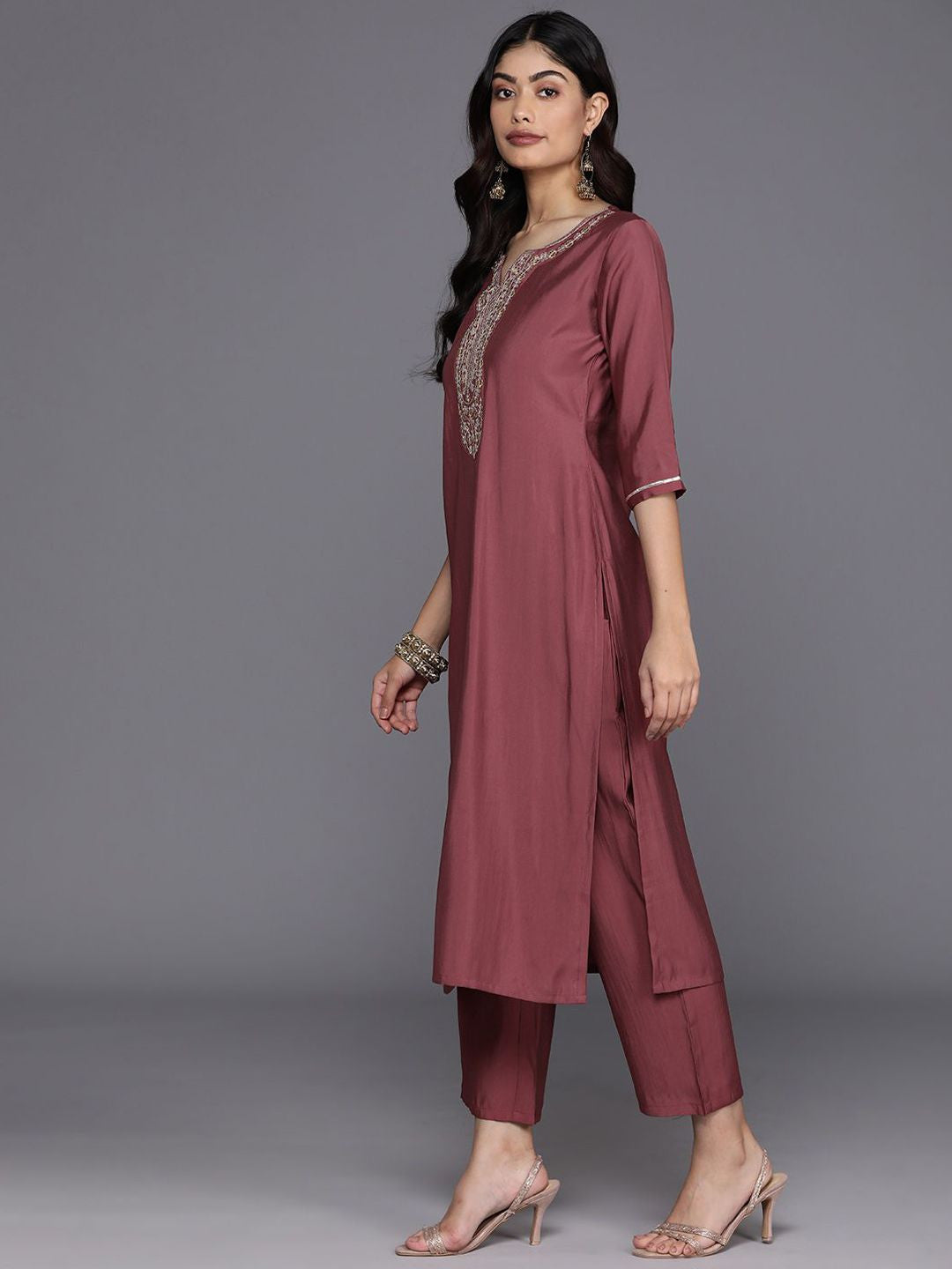 Floral Yoke Design Regular Sequinned Straight Kurta With Trousers & Dupatta