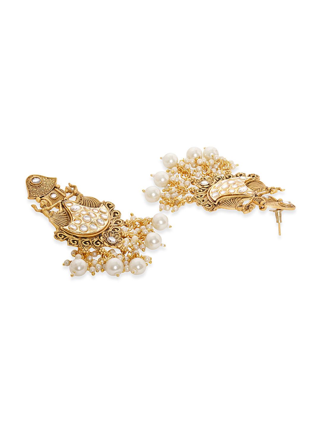 Dhiyona RJ Women's 22K Gold-Plated Kundan Studded with Pearl Drops Chandbali Earrings