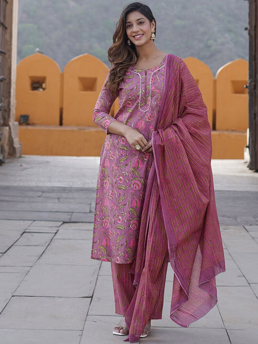 Dhiyona KL Floral Printed Pure Cotton Kurta with Trousers & With Dupatta