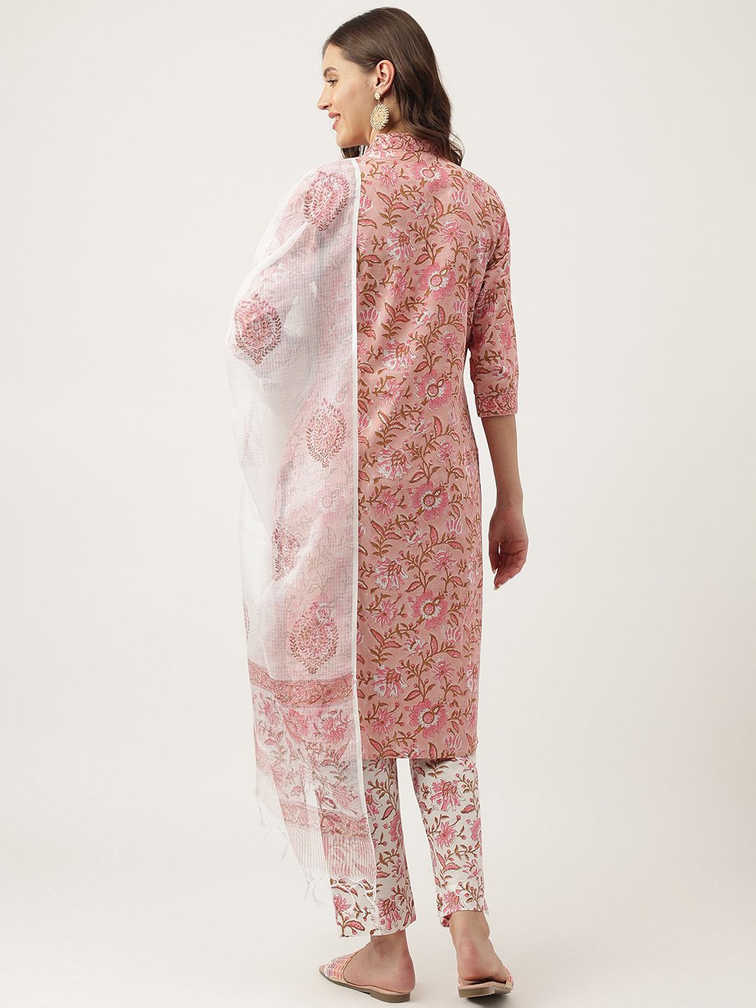 Dhiyona KL Floral Printed V-Neck Pure Cotton Straight Kurta & Trouser With Dupatta