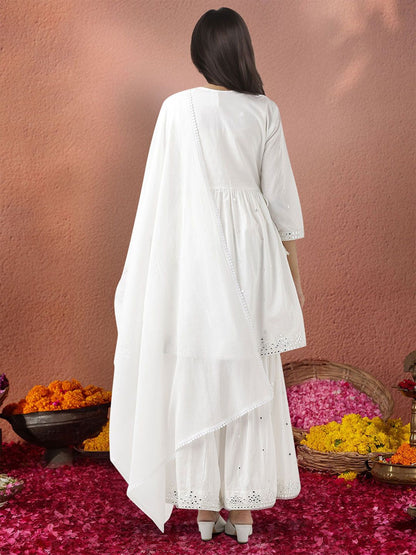 Dhiyona IS Women's Ethnic Motifs Embroidered A-Line Mirror Work Pure Cotton Kurta Set With Dupatta