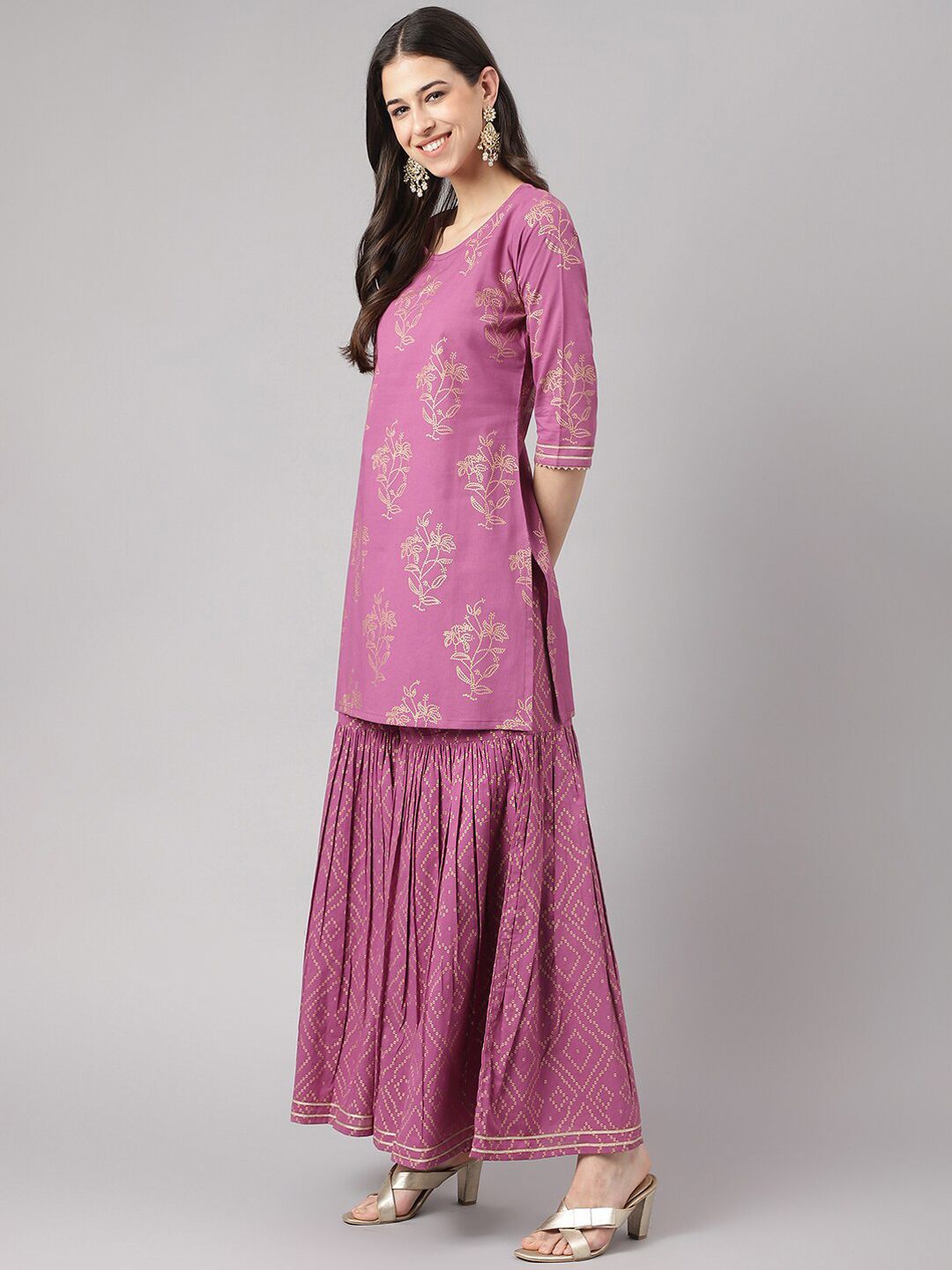 Dhiyona KL Floral Printed Gotta Patti Pure Cotton Straight Kurta & Sharara With Dupatta